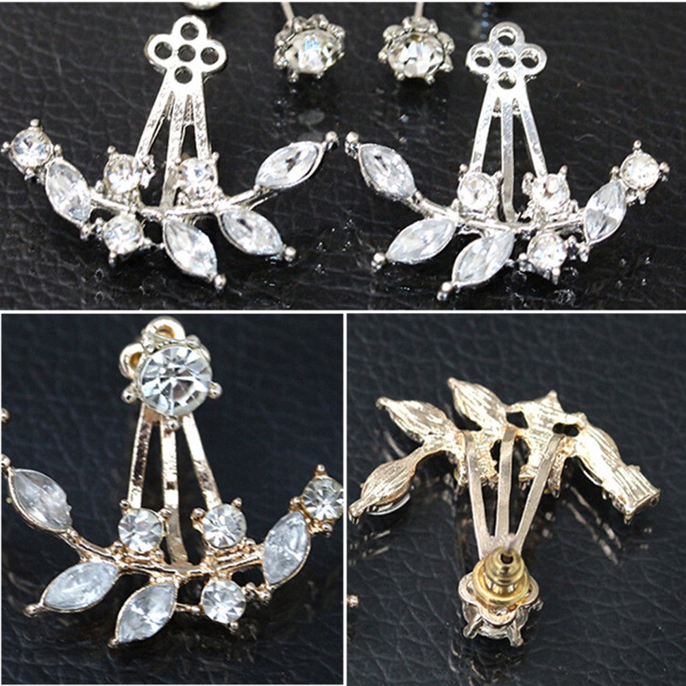 Hu Hu Hu Hu Hu Alat Bantu Pasang Kacamata♡ Anting Stud Desain Cabang Daun Aksen Berlian Imitasi Gaya Elegan Untuk Wanita