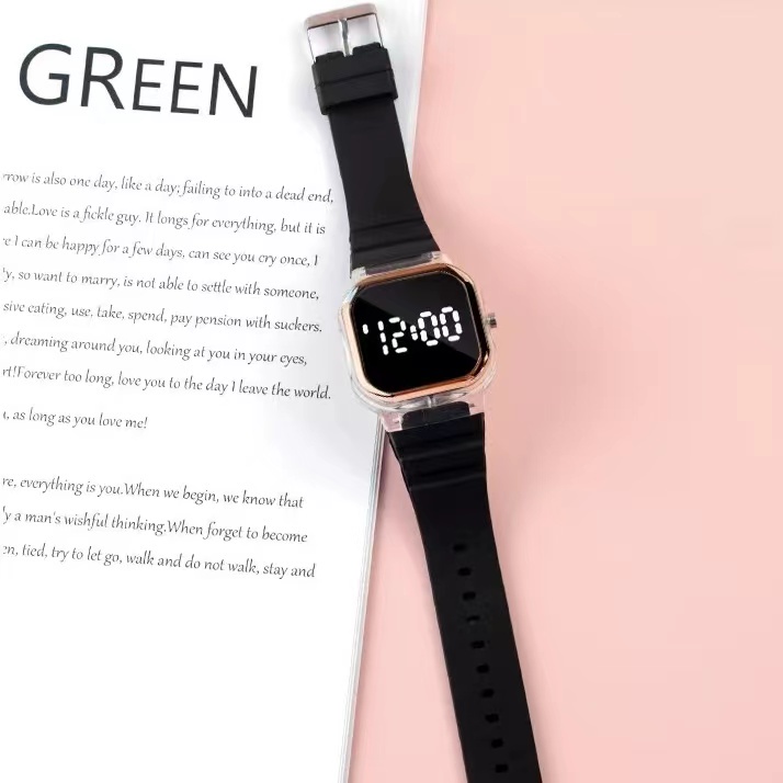 [COD] Jam Tangan Wanita Rubber Digital Trendy  Dial Kotak Korean Fashion-55-6 Hitam