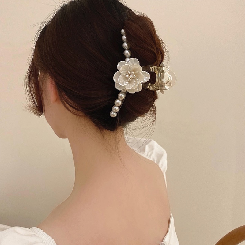 Elegant Resin Flower Pearl Hair Clip Women Hair Bun Claw Hairclip Barrette