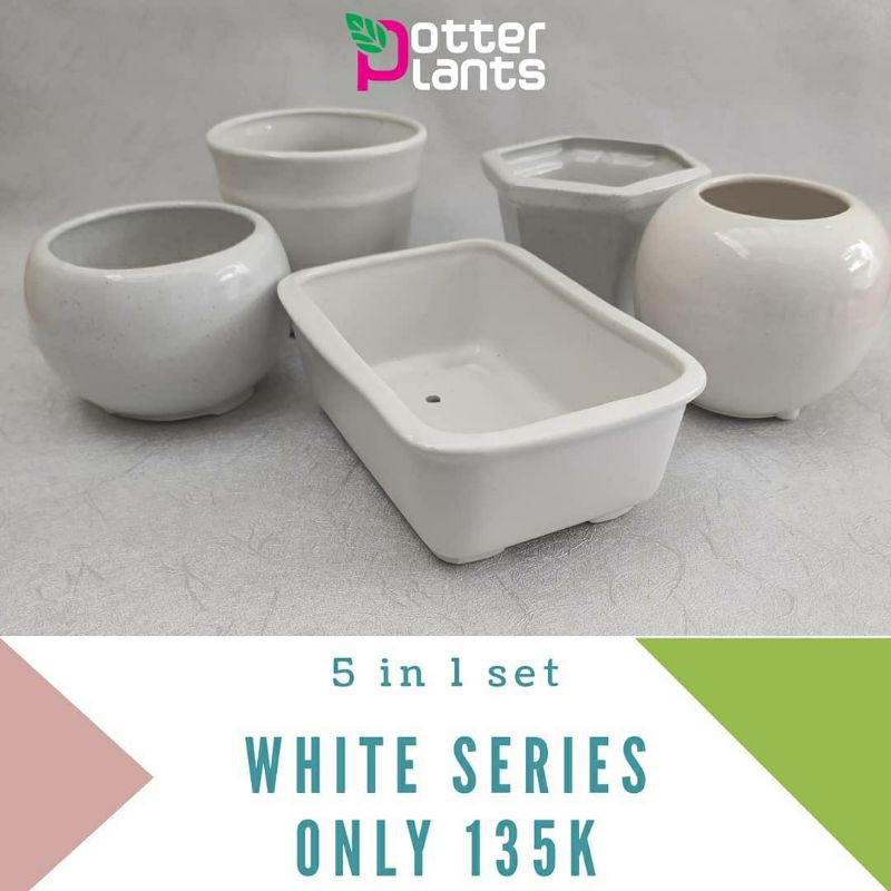 Paket Pot Keramik isi 5 White Series Pot Keramik Bulat Hexagonal