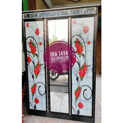 Lemari Baju 3Pintu Full Kaca Motif Printing Bunga