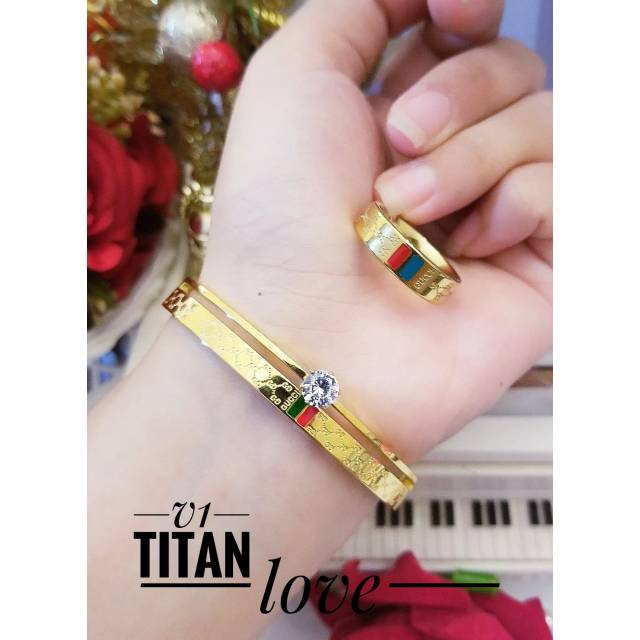 GELANG + CINCIN TITANIUM LAPIS EMAS 18K