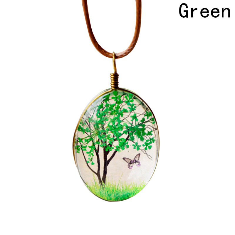 Women'S Lifelike Tree Of Life Oval Shape Amber Pendant Necklaces Handmade Glass Plant Necklace