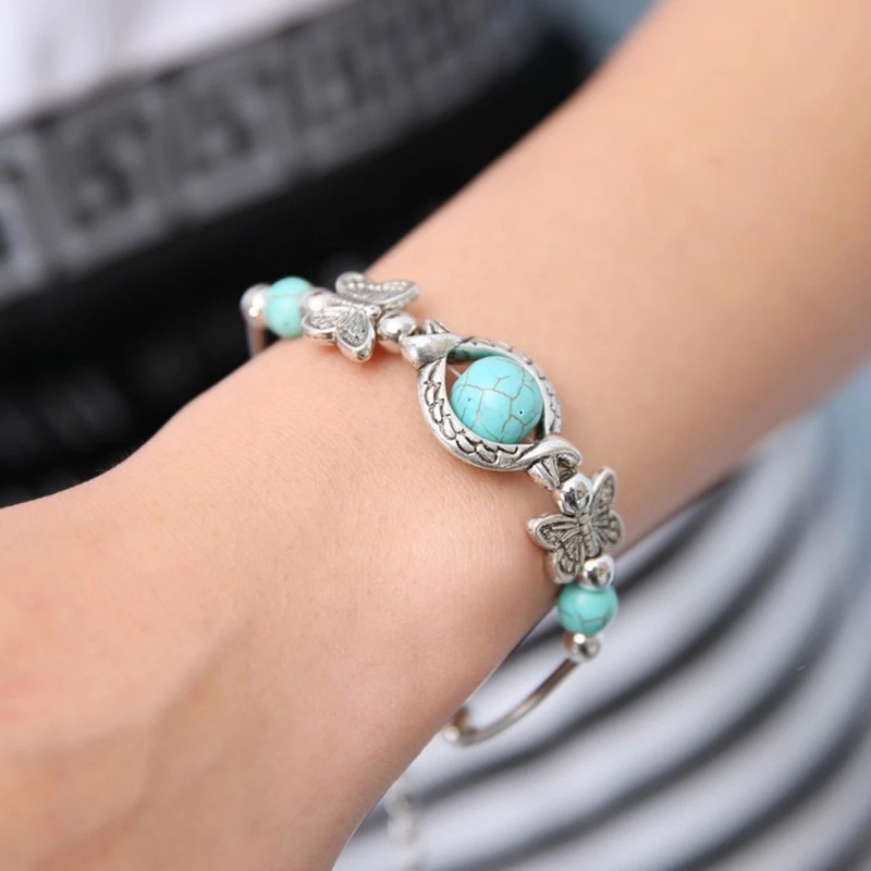 Gelang Rantai Liontin Kupu-Kupu Turquoise Gaya Bohemian Untuk Wanita