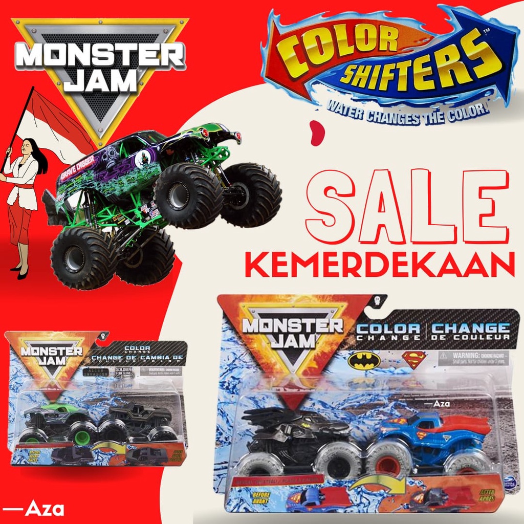 Monster Jam double 64 colour Color Change Batman Superman Earth Shaker El Toro Loco Grave Digger Mutt Scooby Doo