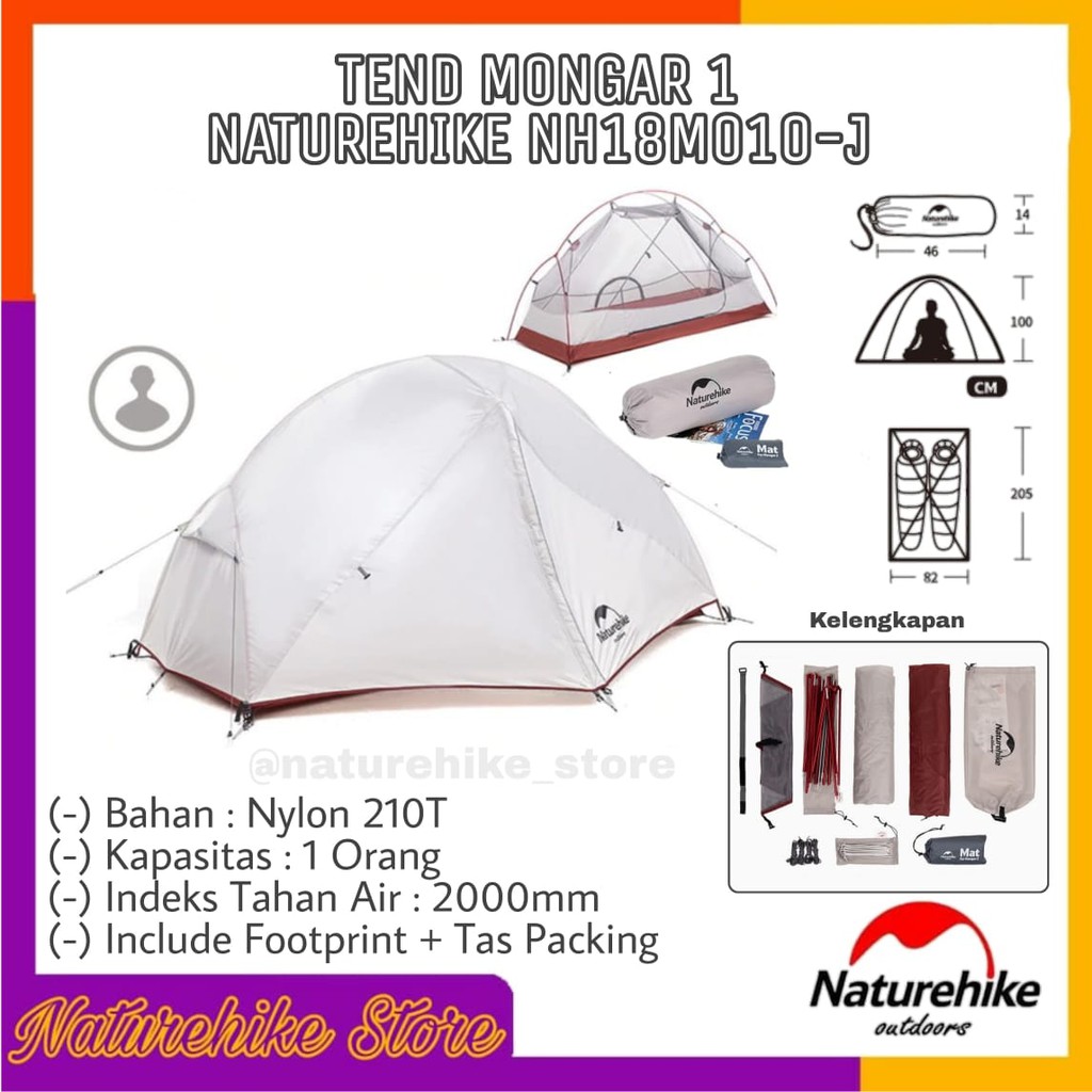 Tenda Camping Outdoor Hiking Gunung Ultralight Mongar 1 Kapasitas 1 Orang Naturehike NH18M010-J