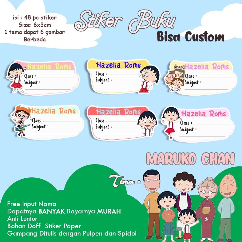 

katalog08- 48pcs stiker nama anak kelas pelajaran karakter lucu sticker laser printing