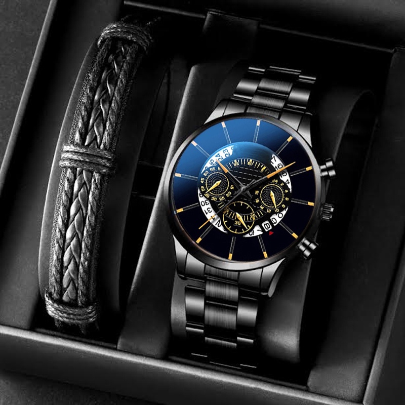 Jam Tangan Pria Gelang Set - Jam Tangan Kado - Jam Tangan Pria Kasual - Jam Tangan Pria Anti Air EL9090-4