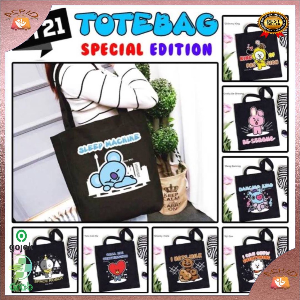 { 1 KG BISA MUAT 10PCS } D003 TOTE BAG WANITA RESLETING KPOP KARAKTER TAS KANVAS KARAKTER MOTIF 5