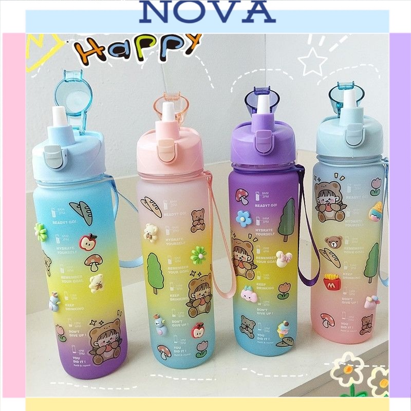 [Nova Fashion]COD Botol Minum Motivasi 1Liter Botol 1000ml Korea Viral Botol Anak Lucu Sekolah Olahr