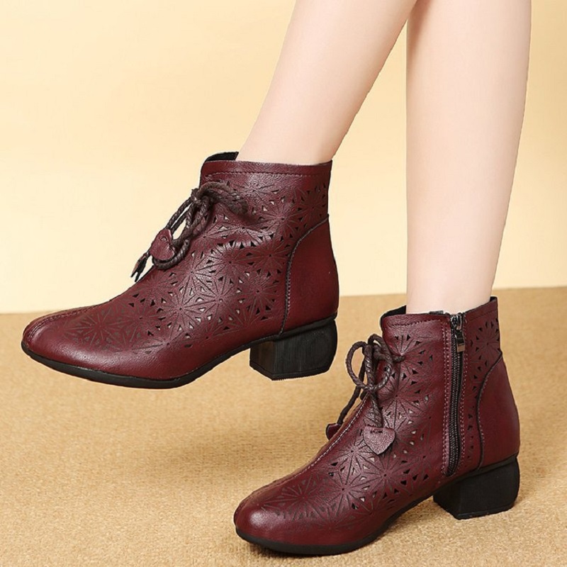 Musim Panas Bernapas Korea Cantik Kulit Asli Sepatu Boots Wanita Cewek Resleting Tali Tinggi Hak Casual Formal Kerja Kuliah 201