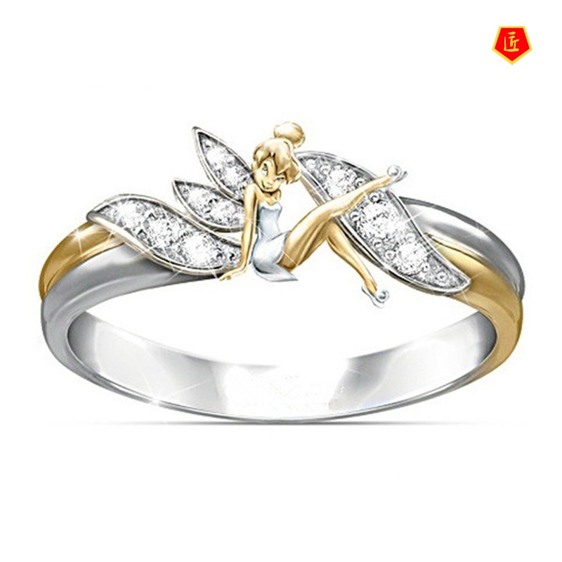 [Ready Stock]Golden Angel Silver Ring Women's Diamond-Embedded Cute