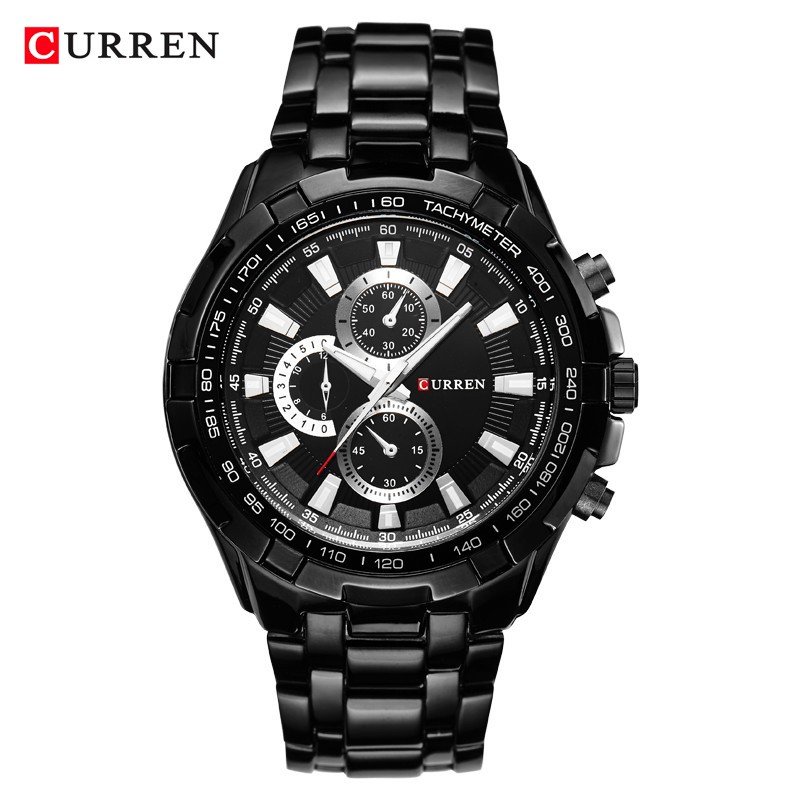 CURREN 8023 Jam Tangan Pria Analog Stainless Steel Chronograph Tidak Aktif ALL-TIME CURRENOS-Hitam Hitam