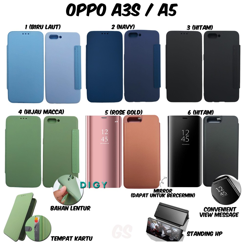 Murah import Casing Case Oppo A3S = A5 Flip Cover Candy Flip Cover Mirror Oppo A3S/A5 Standing Case