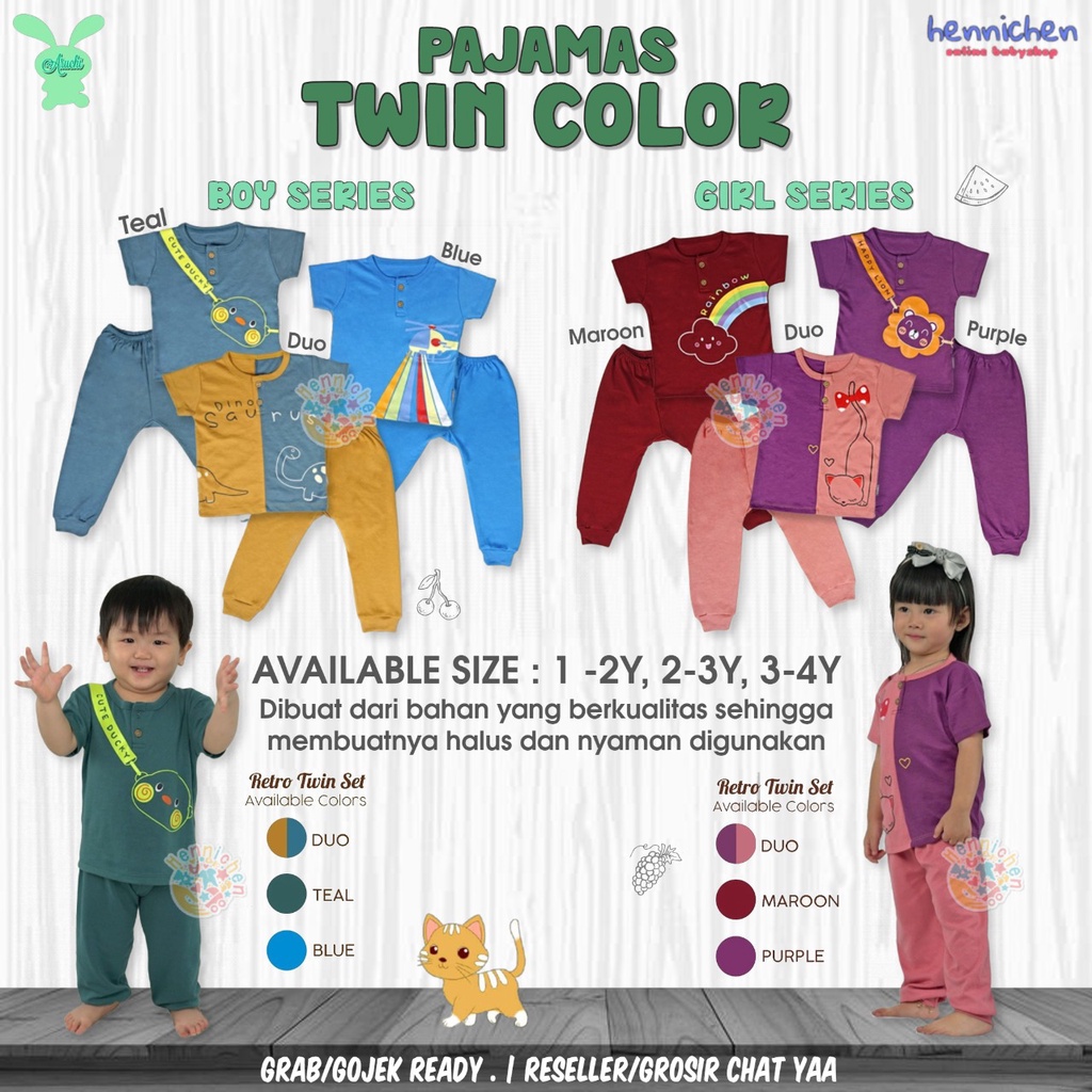 ARUCHI SETELAN PIYAMA RETRO TWIN SET SABLON SETELAN BAJU PENDEK CELANA PANJANG ANAK UNISEX 1 - 3 TAHUN