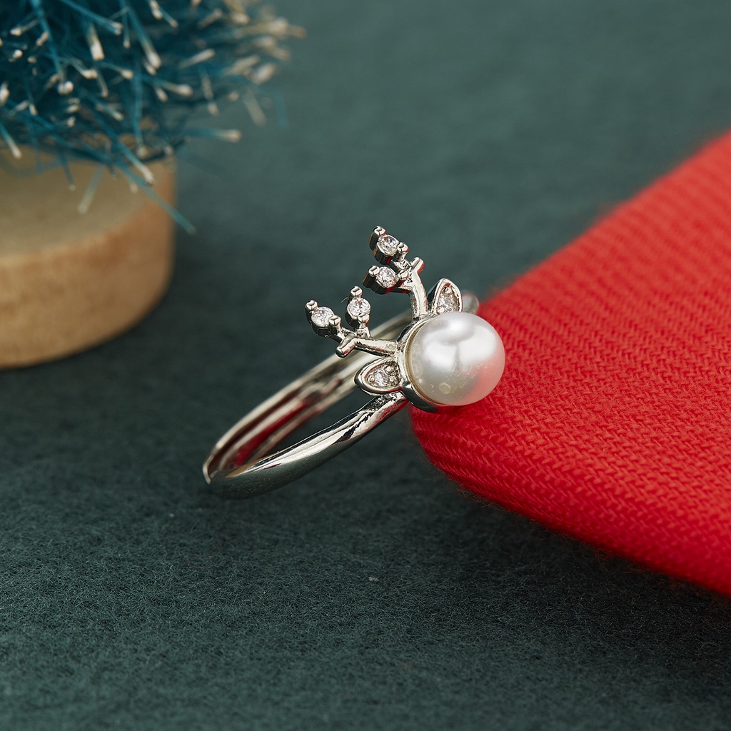 Cincin 925 sterling silver Model Kepala Rusa Aksen Mutiara Imitasi Untuk Pria Dan Wanita