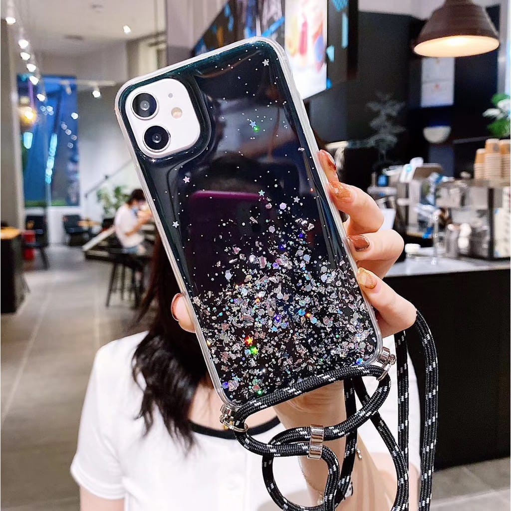 SO Casing Softcase iphone 6 7/8 xr x xs 11pro 12 dll Transparan Aksen Glitter Dengan Tali Lanyard