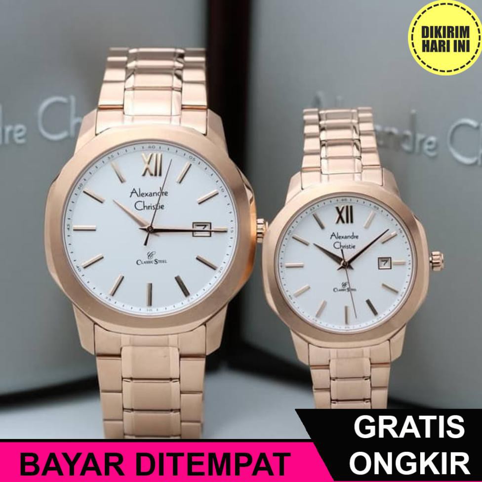 (BAYAR DITEMPAT) OE4259 JAM TANGAN PASANGAN ALEXANDRE CHRISTIE ORIGINAL AC 8619 MD LD FULL ROSEGOLD