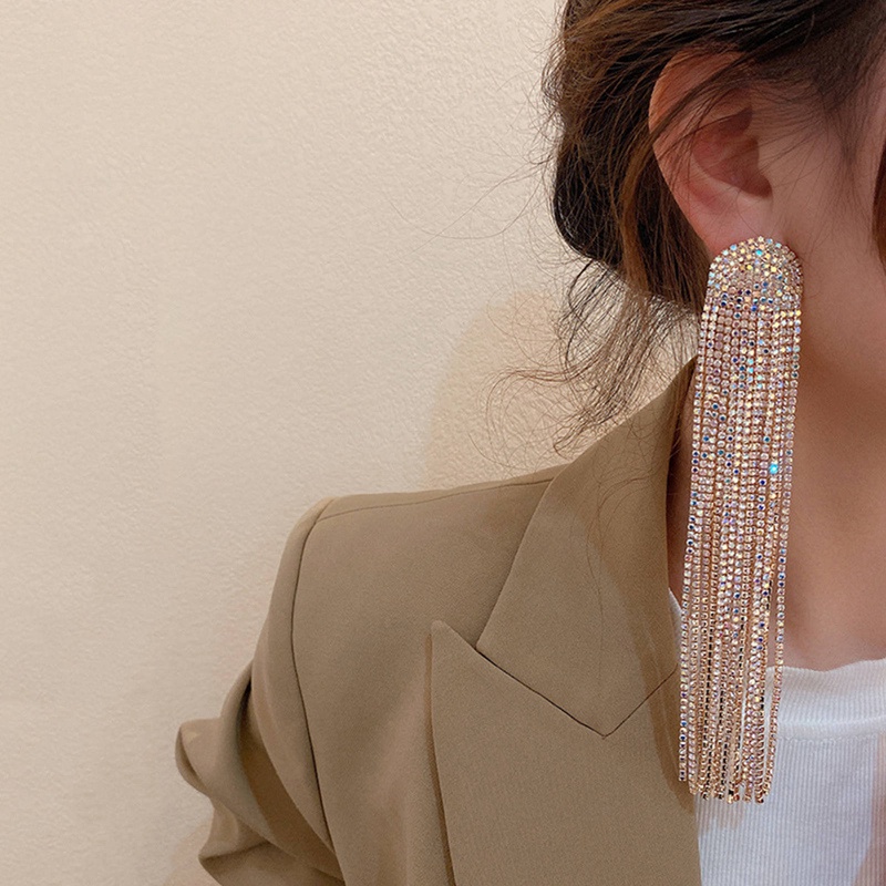 Fancyqube Anting Rumbai Panjang Hias Kristal Berlian Imitasi Untuk Wanita