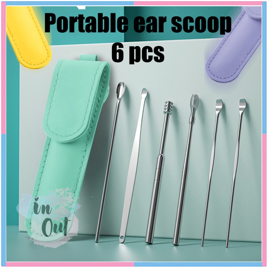 Portable Alat pembersih telinga 6 Pcs / Korek kuping / Ear scoop portable wax picker Stainless 6 piece KU028