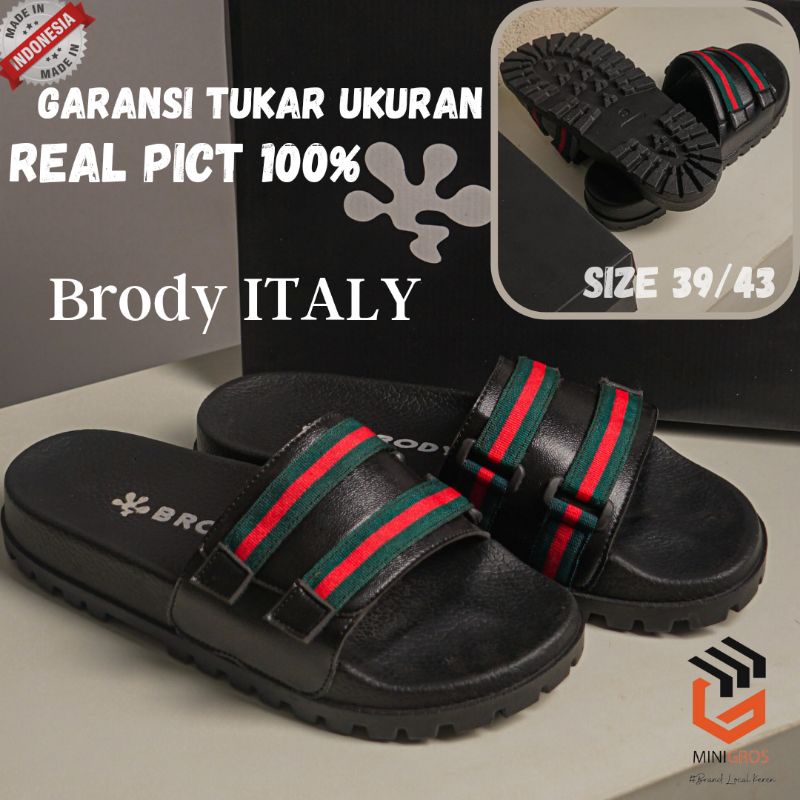 Brody ITALY Sandal Slop Pria Keren Sandal Kulit Cowok Casual Model Slide Kekinian
