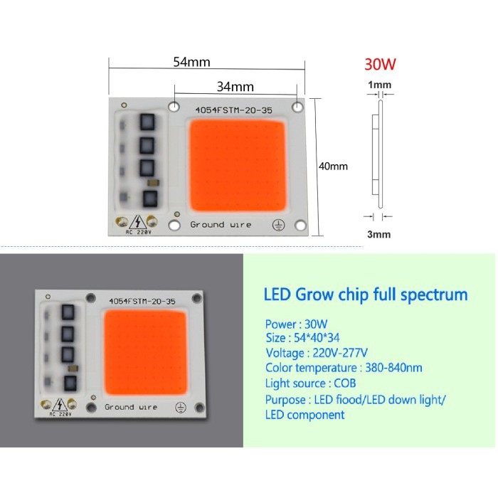 DIY Grow LIght 30 Watt Full Spectrum LED COB Hidroponik AC 220V *LDA03