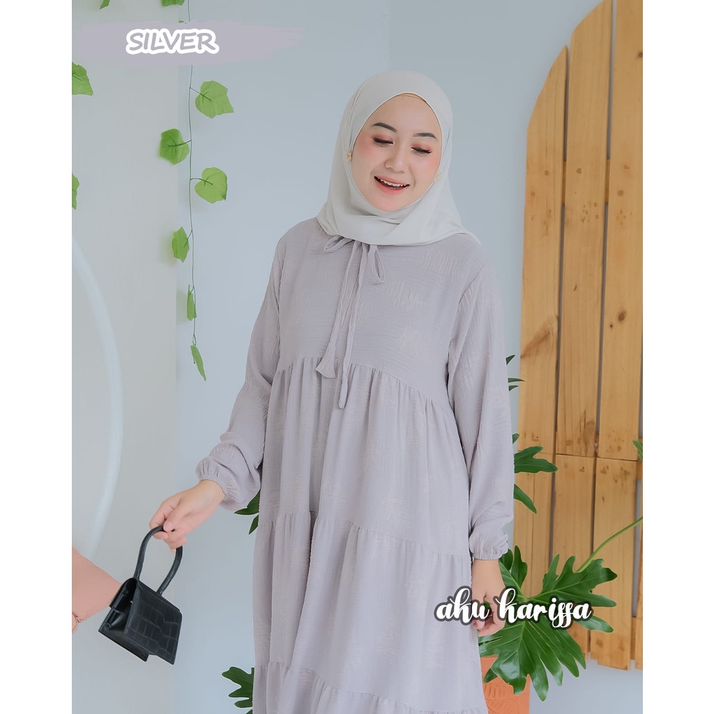 GAMIS Midi dress cringkel pompom sandra nesya kringkel original by aku karissa cringkel pom pom terbaru baju muslim lucu modis terbaru muslimah fashion ootd kondangan hangout remaja kondangan