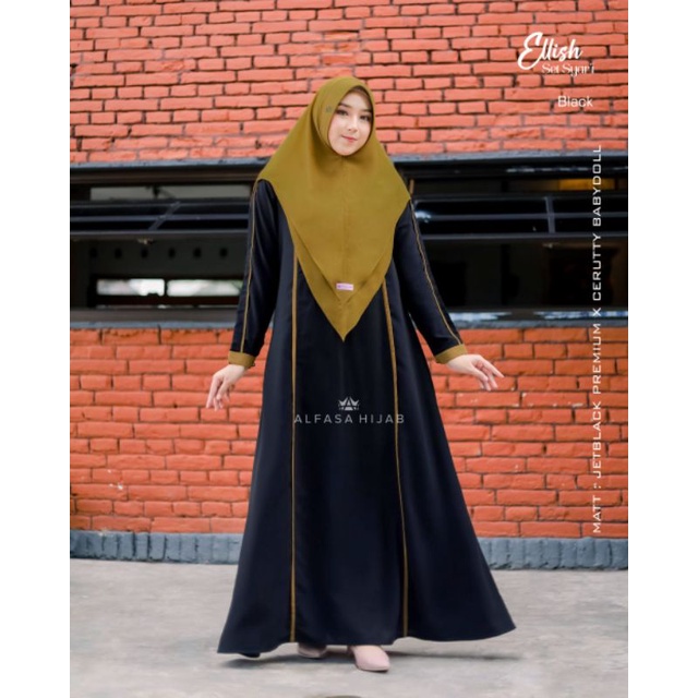 Alfasa Hijab Ellish Set Khimar Dress Syar'i Cerutty Baby Doll Mix Jetblack Premium