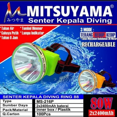 Senter Kepala Diving LED 80W Mitsuyama MS-216P / MS-216K Senter Kepala Selam LED 3 Mode Cahaya Bisa Kedip Headlamp Waterproof