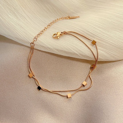 Gelang Tangan Rantai Baja titanium Lapis Ganda Warna rose gold Untuk Wanita