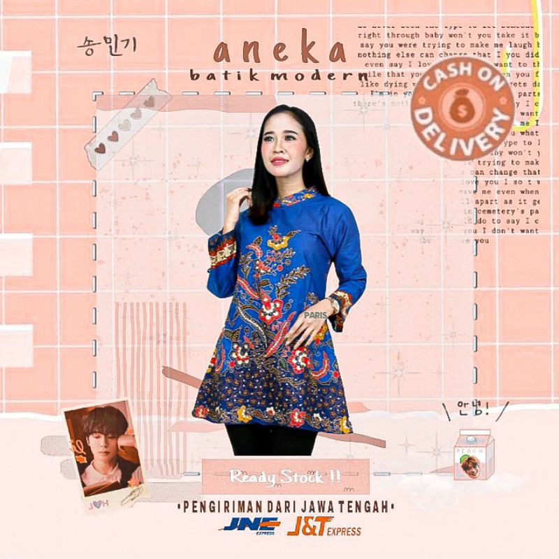 ATASAN BAJU BATIK BLOUSE WANITA LENGAN PANJANG WARNA BIRU DONGKER NAVY KONDANGAN GURU KANTOR