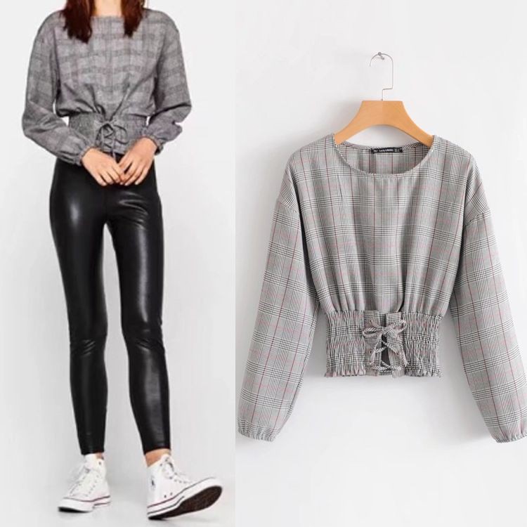 NA965 Baju Atasan Wanita Garis Kotak Pinggang Karet Tali Import