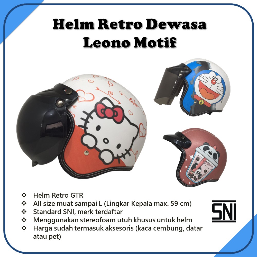 Helm Retro Bogo GTR Dewasa LEONO Motif Full Kulit Murah Lucu Plus Kaca Cembung