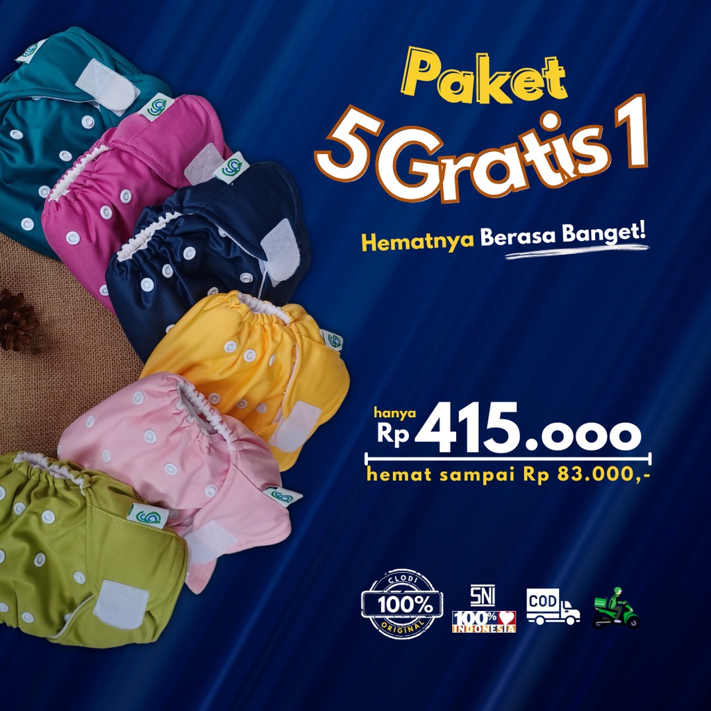 [Paket 5 GRATIS 1] Popok bayi cuci ulang Clodi GG