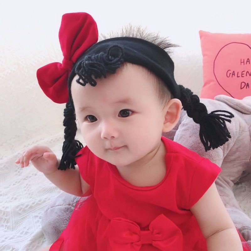 Bandana Bayi Elastis dengan Rambut Palsu / Headband Bayi Anak Perempuan / Bandana Pita Model Kepang