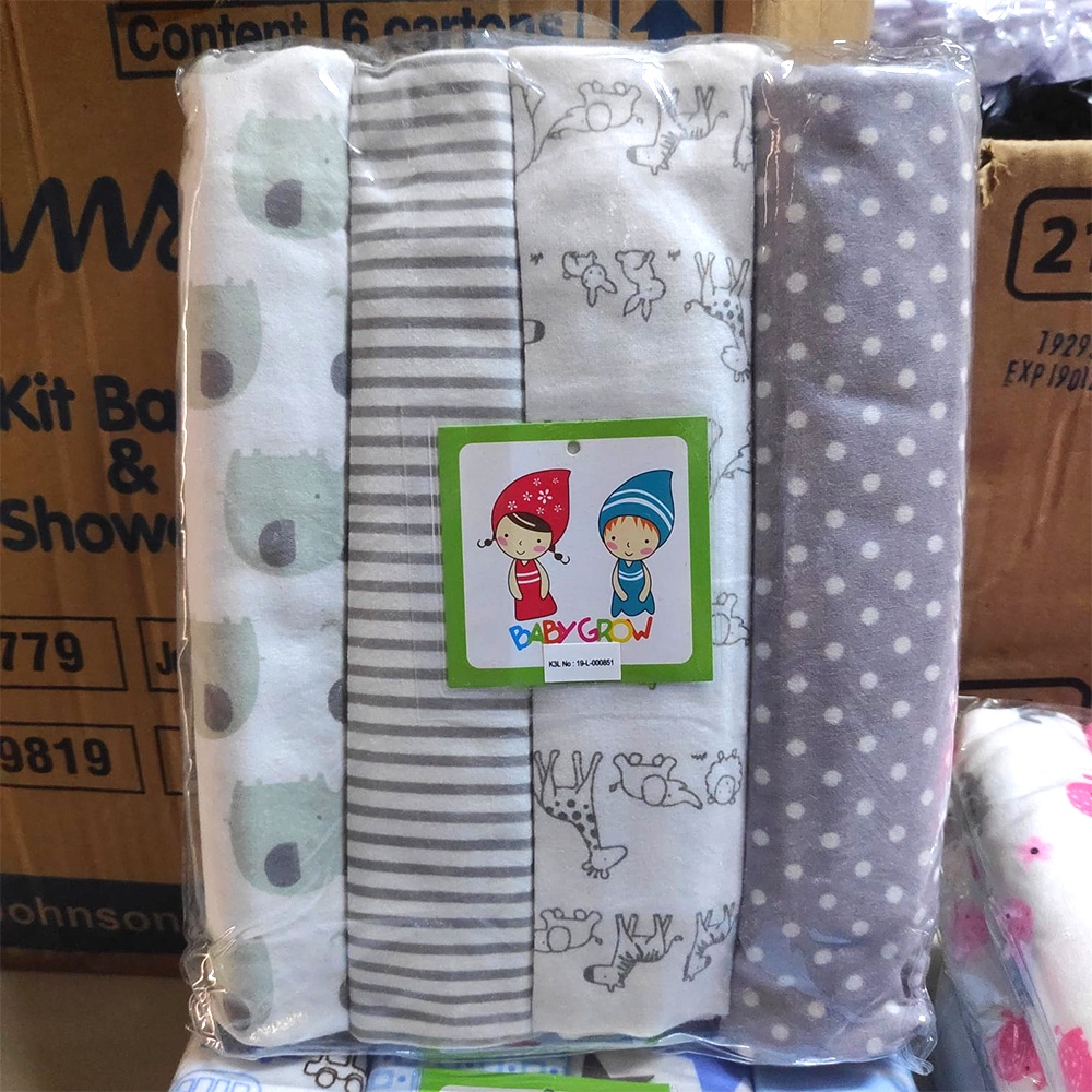 Baby Grow Bedong Bayi Flanel isi 4 Motif Baru 76cmx102cm BabyGrow Selimut Bayi Baru Lahir