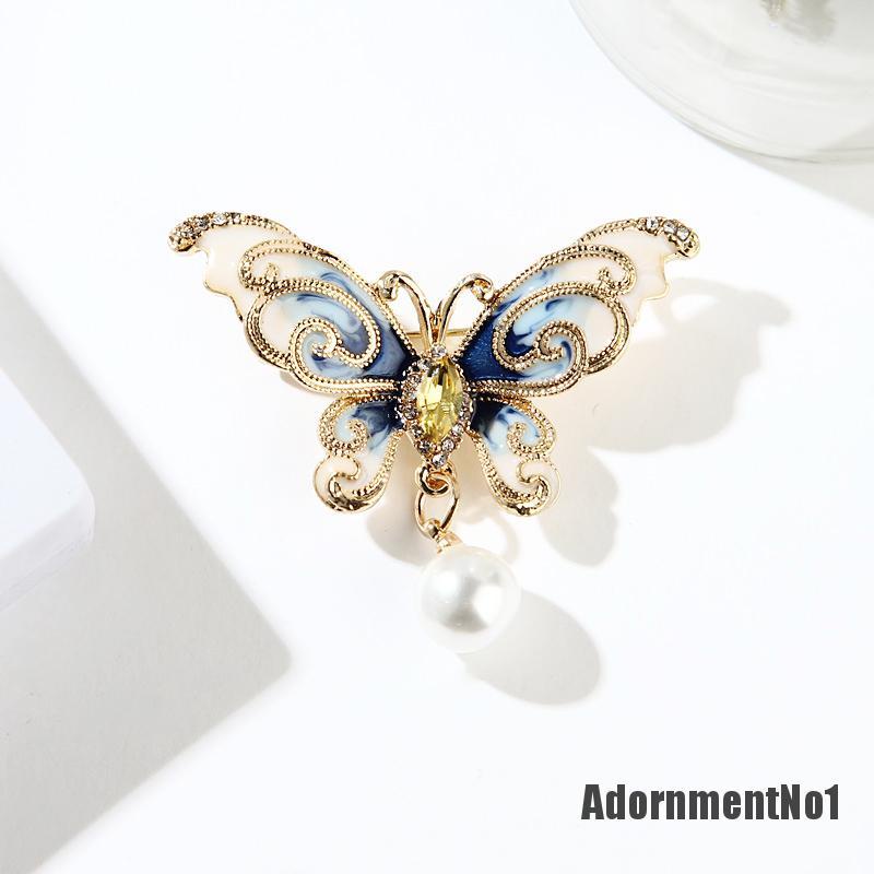 (Adornmentno1) Bros / Pin Butterfly Enamel Hias Mutiara + Berlian Imitasi Untuk Wanita