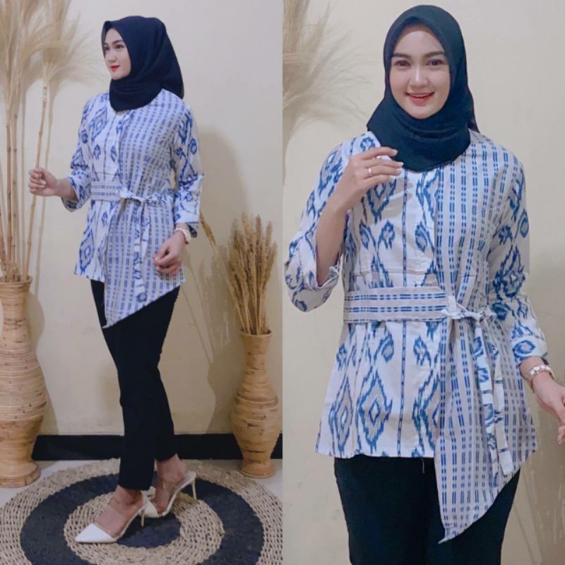 tey-17 Batik wanita ASJ SA HRB026 Kenongo Kemeja Tosca Pendek-Raster Biru