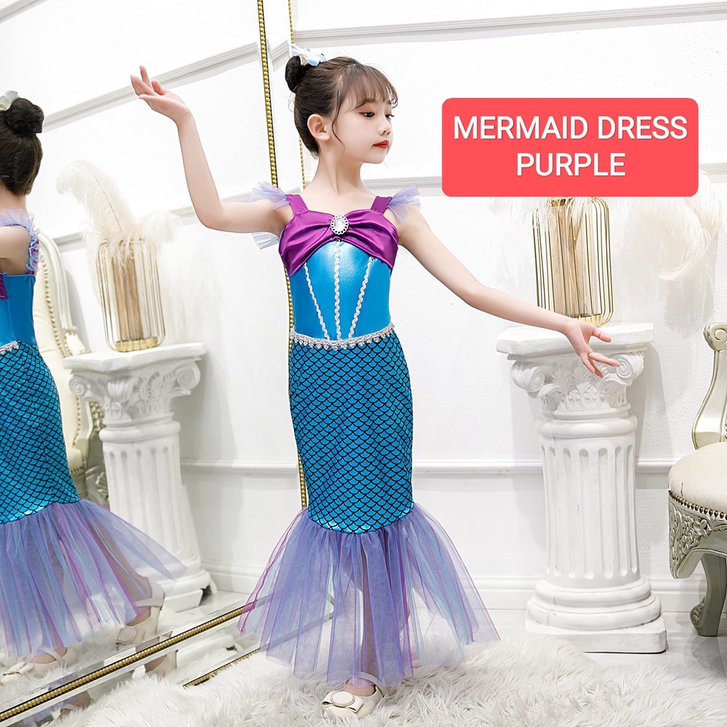 MERMAID DRESS PURPLE BAJU DRESS KOSTUM PRINCESS ARIEL DUYUNG IMPORT DRES PRINCES ANAK