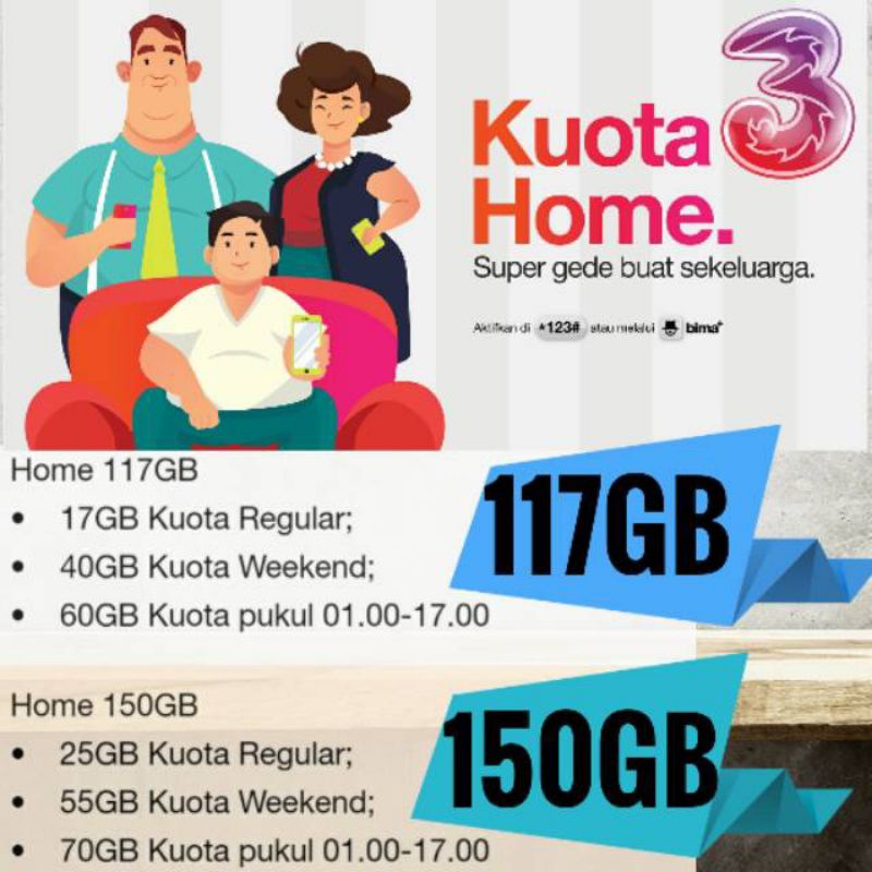 kUOTA TRI HOME 117GB / HOME 150GB Termurah 
