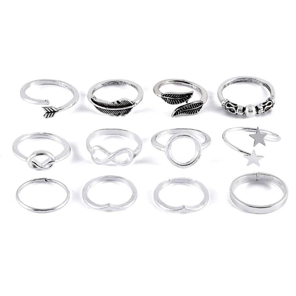 【COD Tangding】12pcs/set Bohemian Style Ancient Silver Leaf Feather Knot 8 Characters Infinite Arrow Pentacle Women's New Jewelry