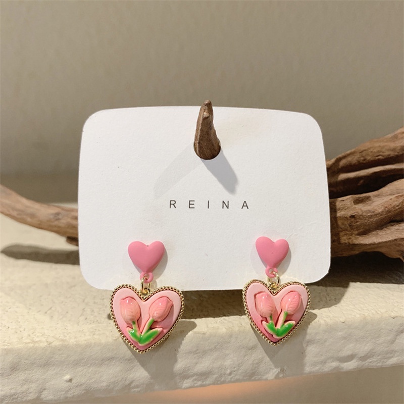 Anting Tusuk Motif Bunga Tulip Warna Pink Untuk Wanita