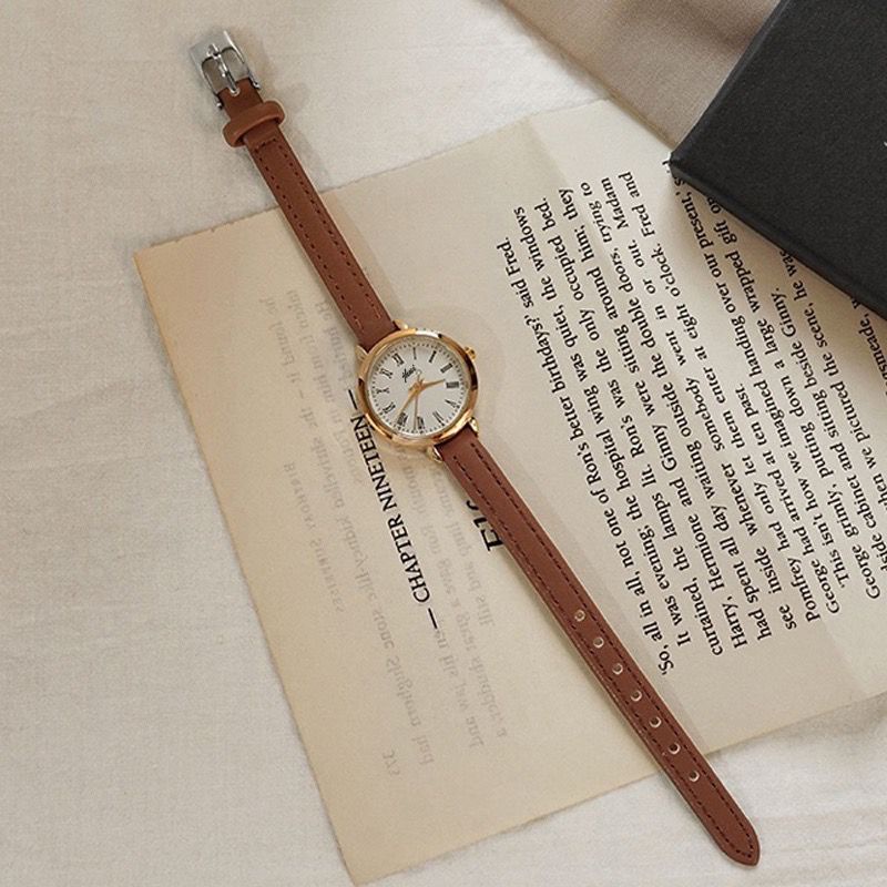 Jam Tangan Quartz Strap PU Analog Casual Gaya Retro Wanita Bulat Watch Korean Fashion RM027-COKLAT