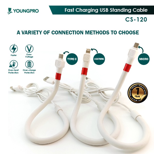 YOUNGPRO CS-120 - Kabel Data Stand IPhone Lighting USB 3A Cable Data Charge Standing 120cm Kabel USB Cas HP Berdiri Fleksibel Untuk Nonton Film atau Rekam Video