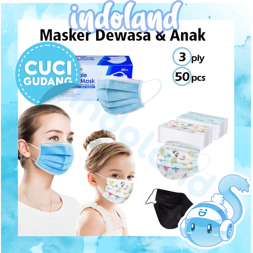 ☀ INDOLAND ☀ R458 Masker 3PLY Isi 50PCS Untuk Anak &amp; Dewasa Earloop Masker Pelindung/Anti Bakteri