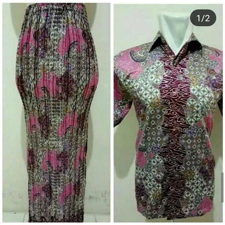 couple rok plisket dan kemeja batik lengan pendek new