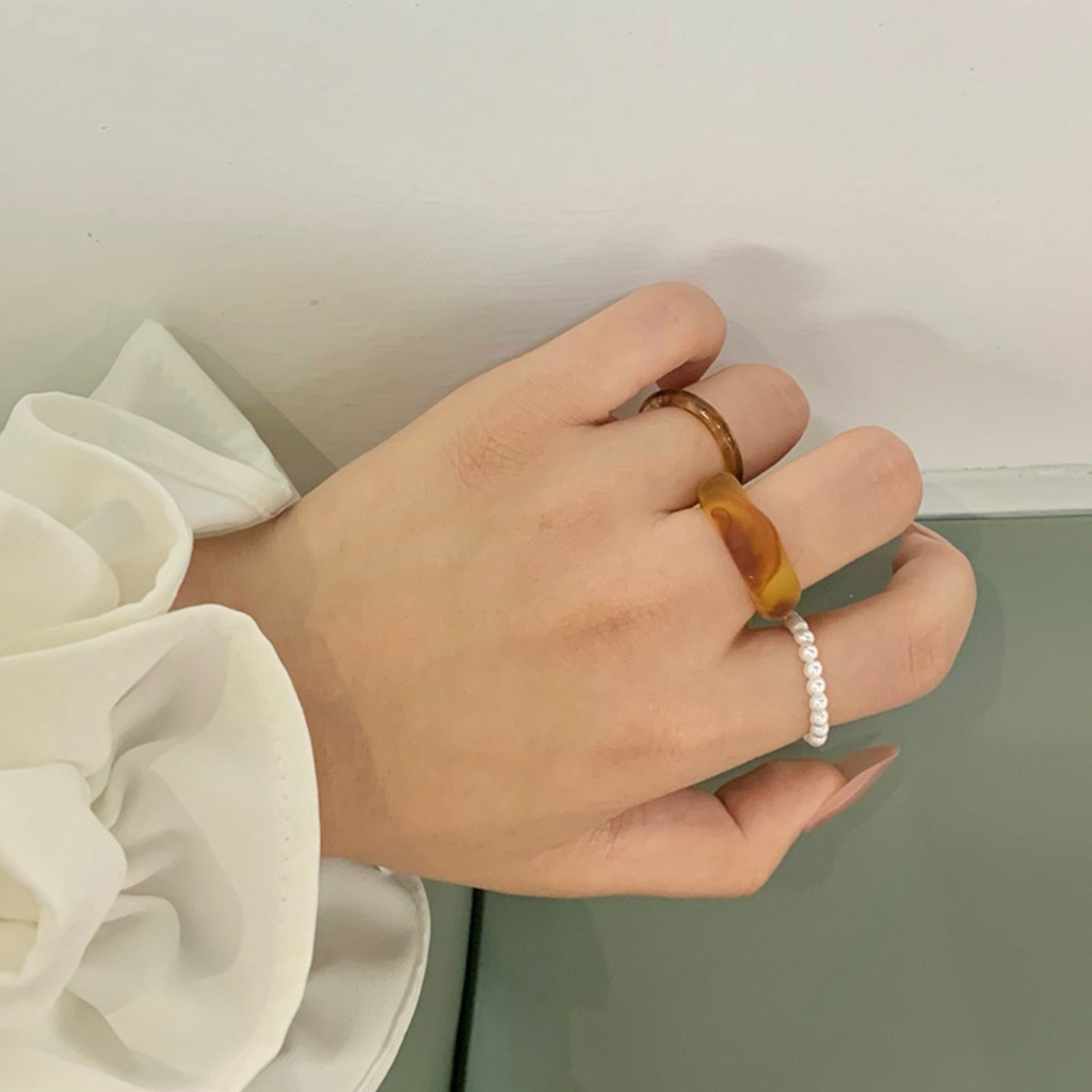 Hu Hu Hu Hu Hu Alat Bantu Pasang Kacamata♡ 3pcs Cincin Jari Geometris Aksen Mutiara Imitasi Untuk Wanita
