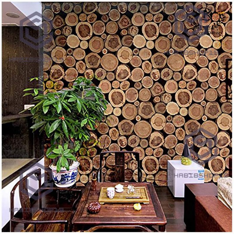 Wallpaper Sticker Dinding Motif Kayu Potong 3D 10mx45cm