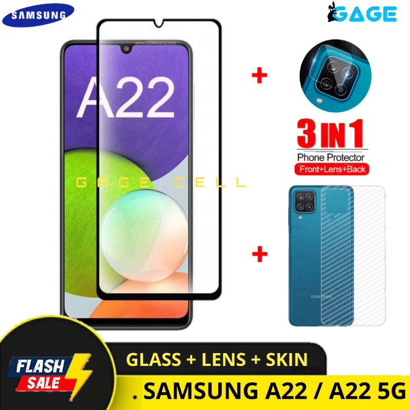 PROMO 3IN1 TEMPERED GLASS LAYAR KAMERA SKIN CARBON SAMSUNG GALAXY A22 5G TG ANTI GORES FULL SCREEN