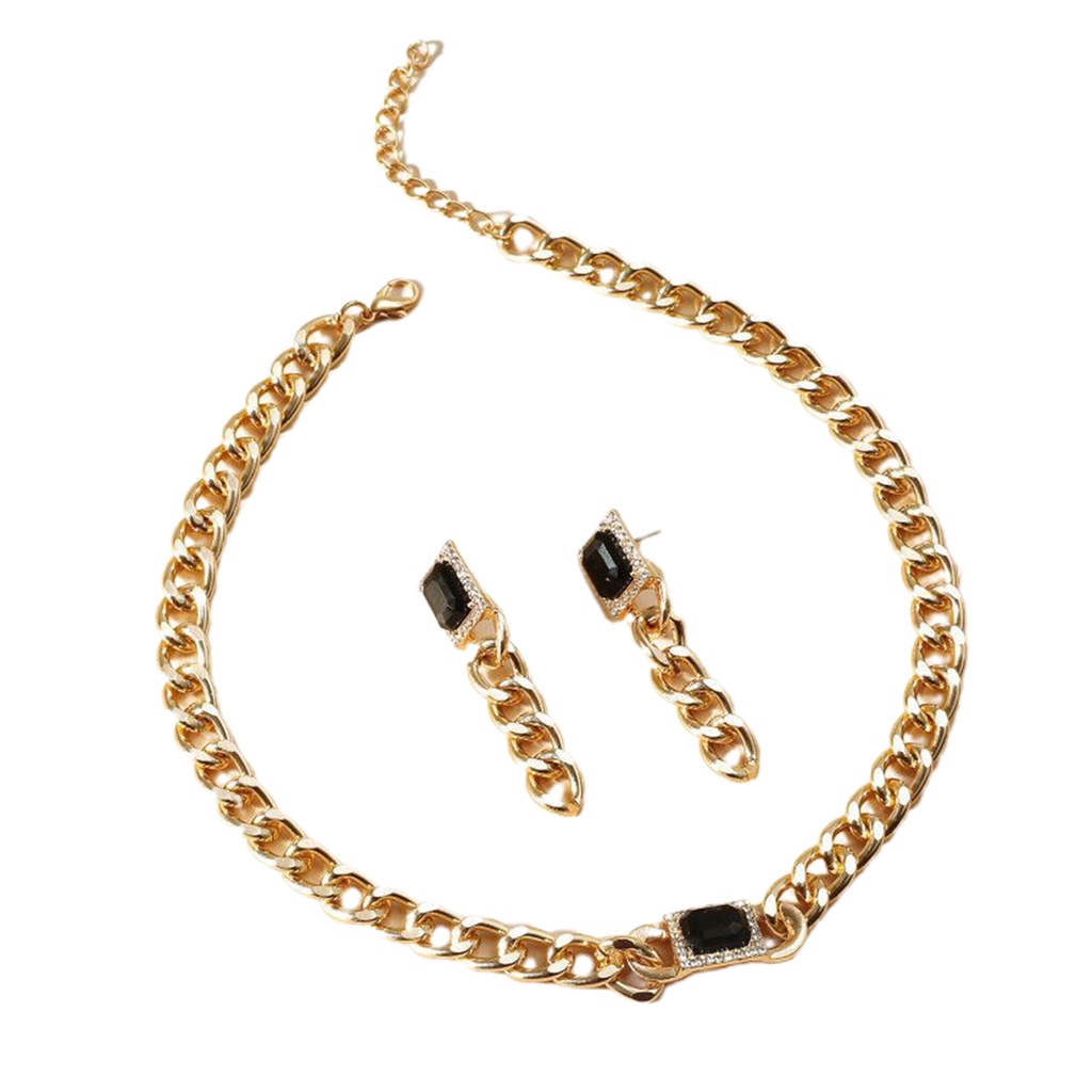 Hu Hu Hu Hu Hu Alat Bantu Pasang Kacamata♡ 2pcs / Set Kalung Rantai + Anting Gantung Panjang Tusuk Gaya Hip Hop Motif Geometri Aksen Batu Permata Imitasi Untuk Wanita